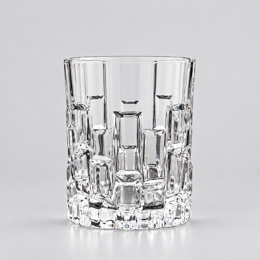 Service de six verres à thé transparents en verre ciselé à motifs géométriques en relief.