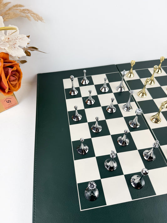 Échiquier de luxe moderne avec plateau pliable en cuir vert
