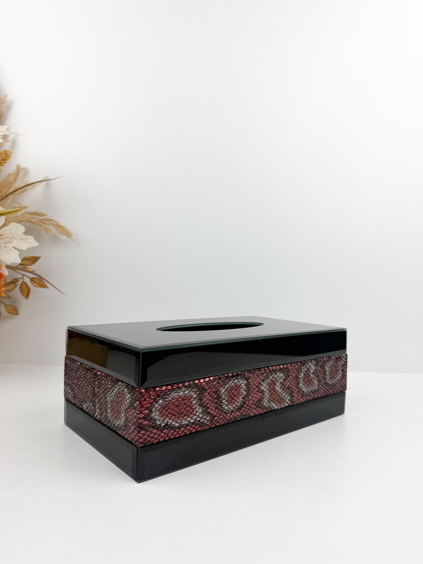 Boîte à mouchoirs miroir avec bandeau léopard rouge.