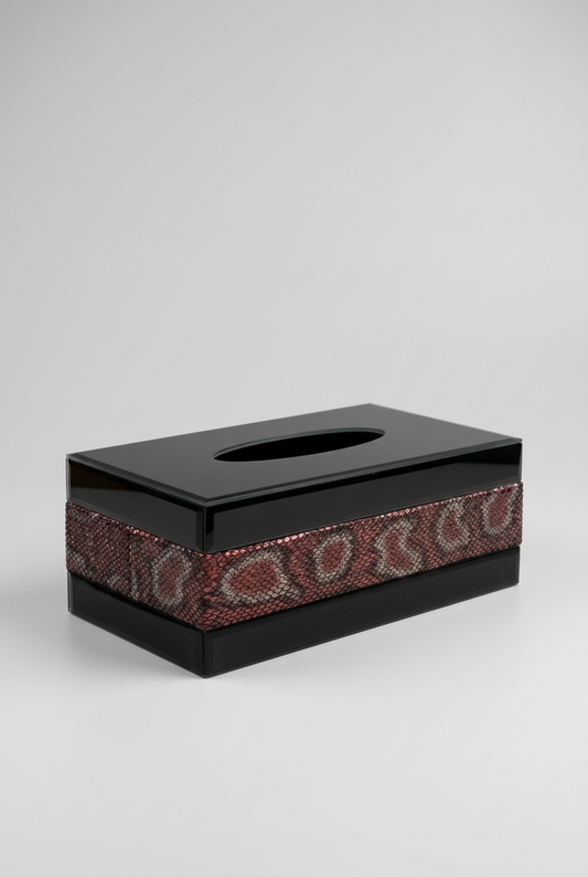 Boîte à mouchoirs miroir avec bandeau léopard rouge.