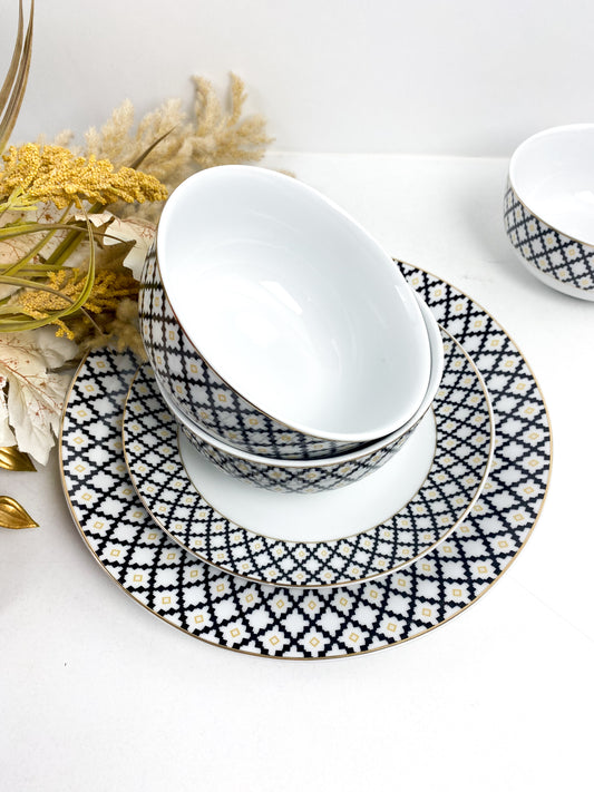 Service de table en porcelaine 18 pièces de haute qualité à bord doré, motif à carreaux géométriques noir