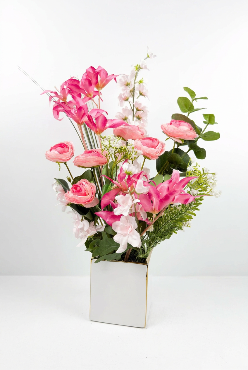 Fleurs artificielles roses et blanches dans un vase carré en céramique blanc.
