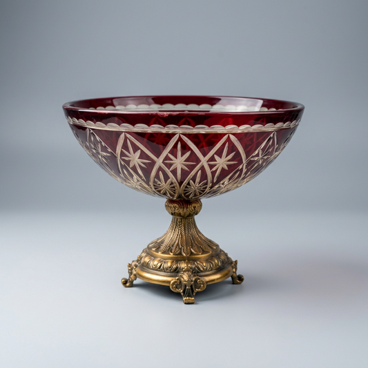 Présentoir en cristal rouge d'une grande finesse, reposant sur un pied en métal de qualité supérieure.