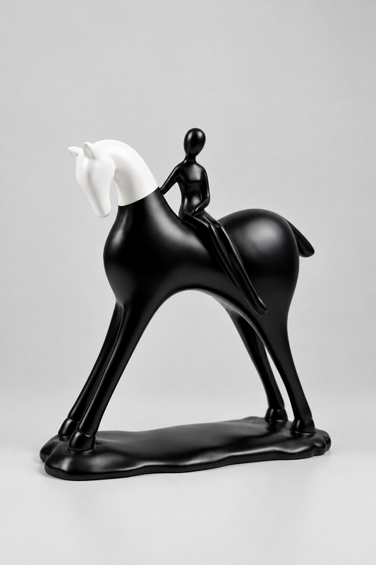 Sculpture décorative équestre moderne en noir et blanc représentant un cavalier stylisé sur son cheval.