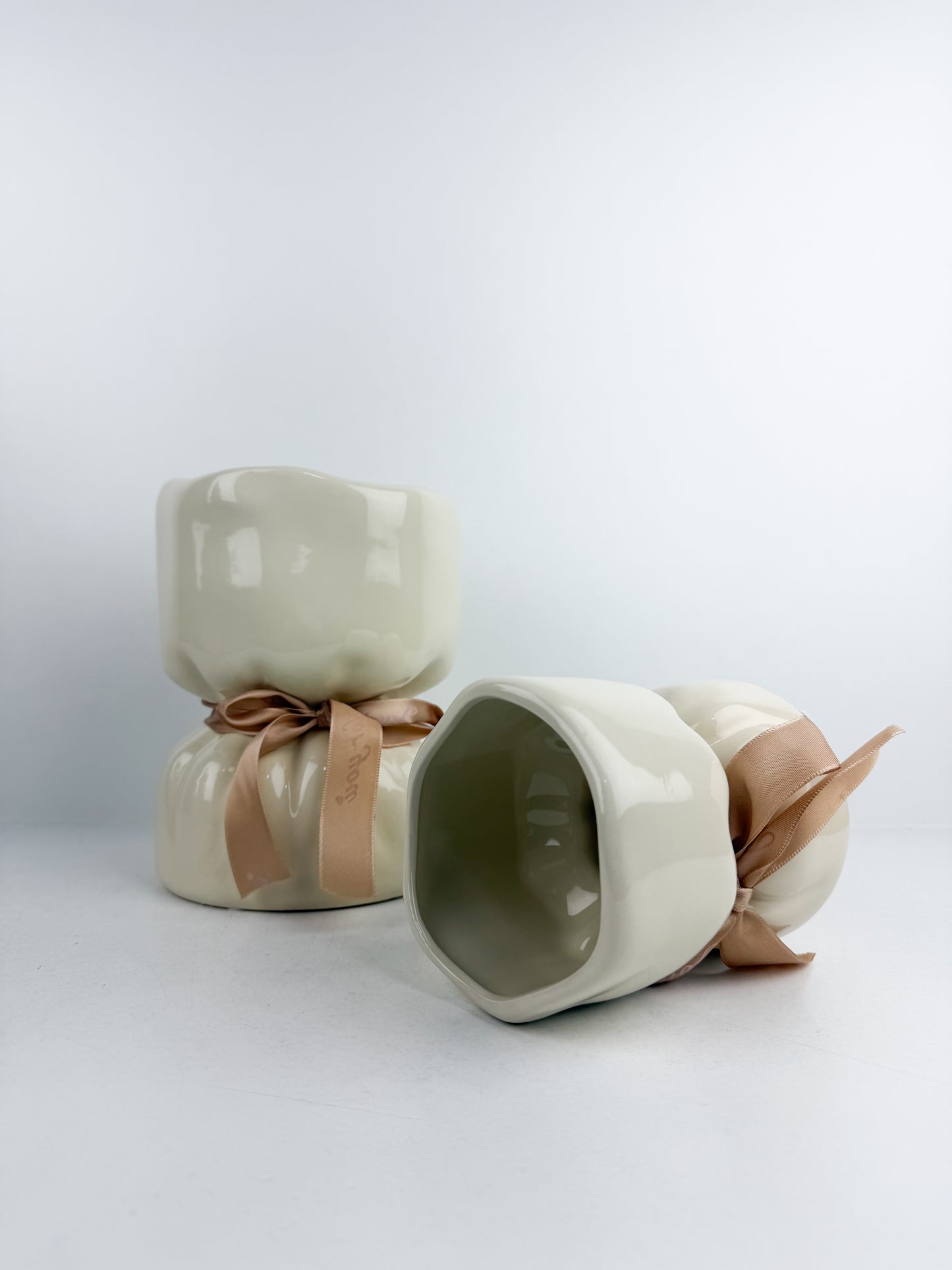 Duo vases décoratifs en céramique de couleur crème en forme de bouquet de fleur