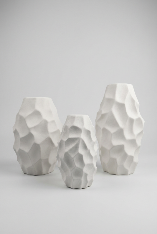 Trio de vases blanches aux formes sculpturales épurées.
