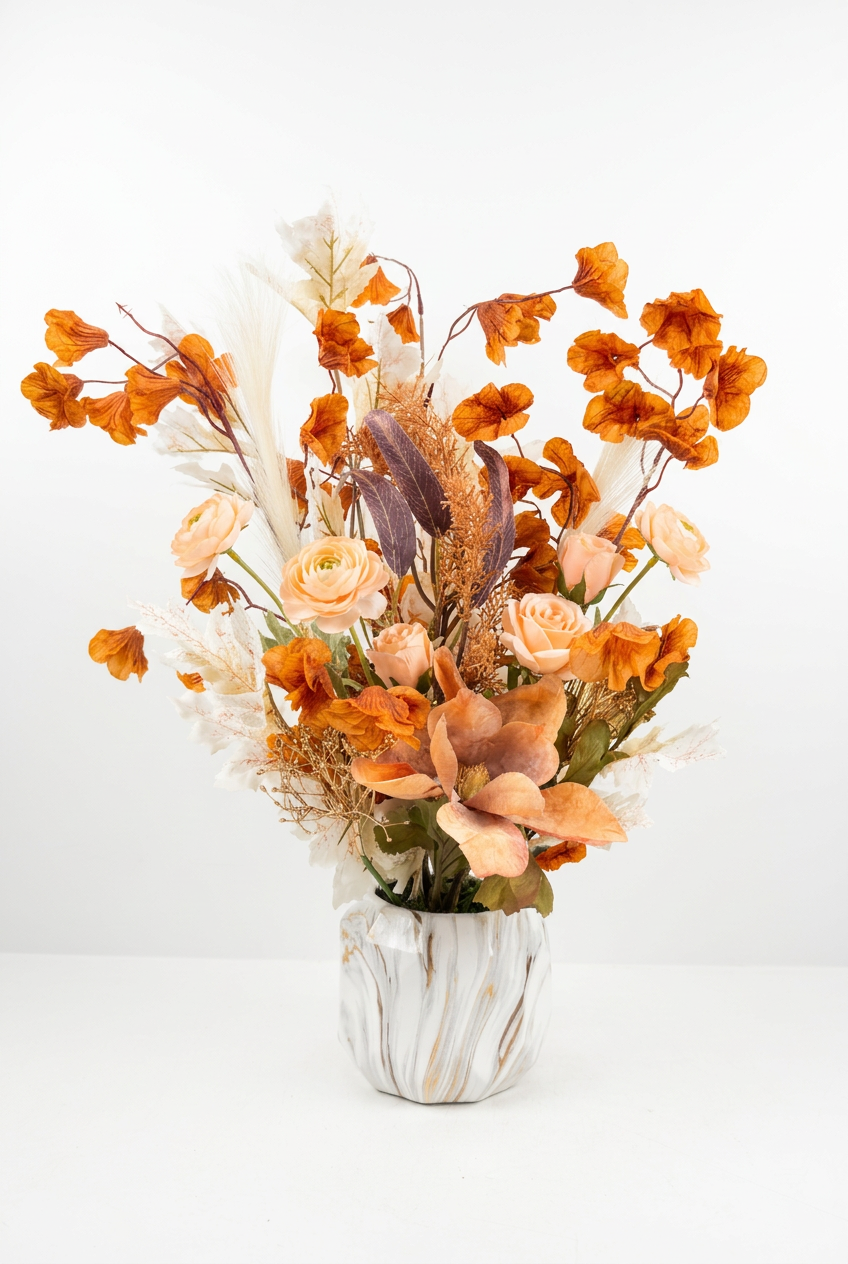 Magnifique fleurs aux nuances chaleureuses d'orange cuivré dans un élégant vase en céramique à effet marbré.