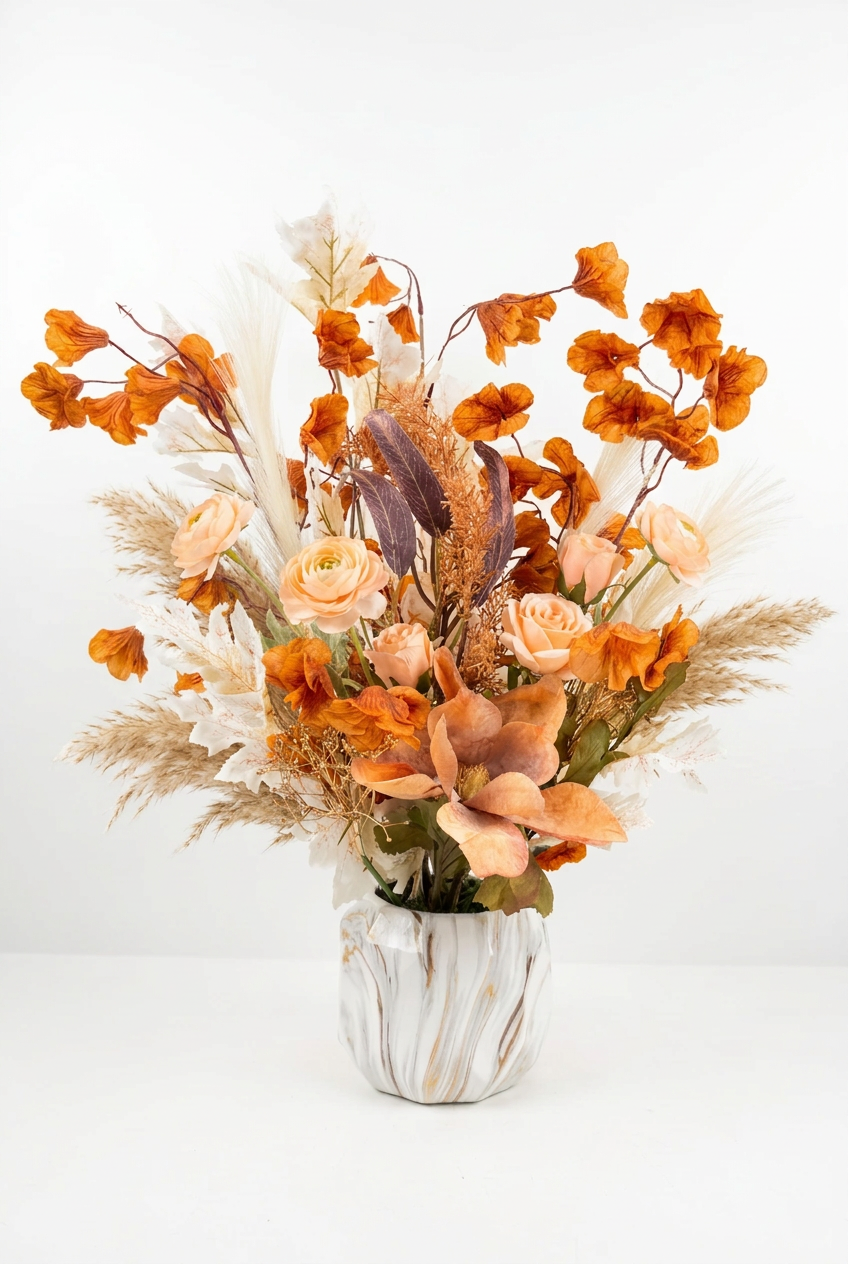 Magnifique fleurs aux nuances chaleureuses d'orange cuivré dans un élégant vase en céramique à effet marbré.