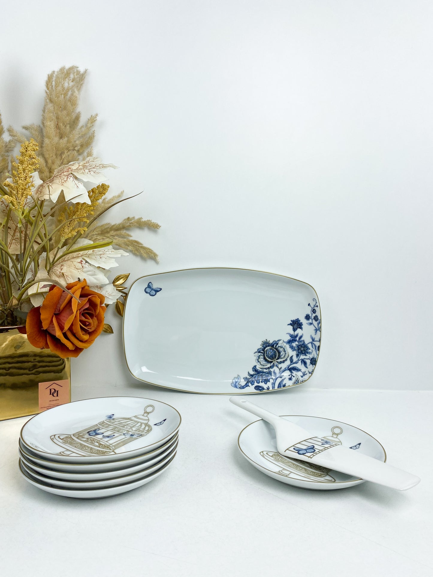 Set de 8 pièces a gâteaux en porcelaine avec motif floral bleu et papillons