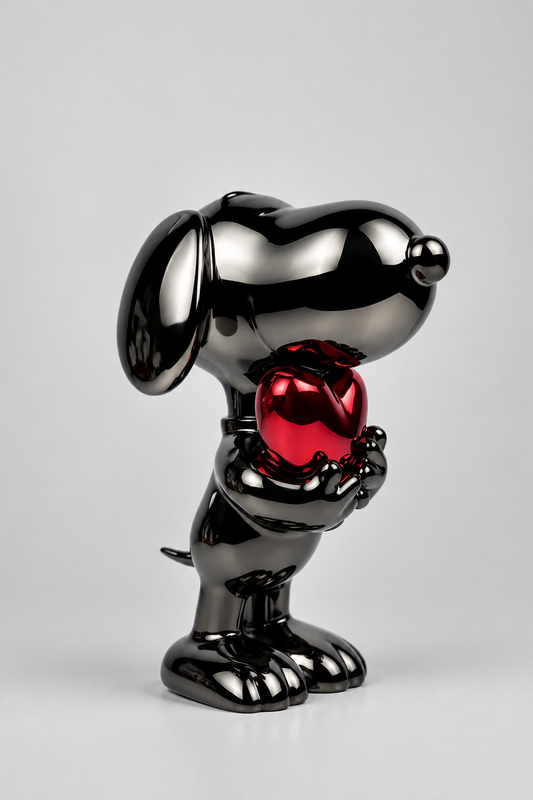 Figurine décorative représentant le célèbre personnage de Snoopy tenant un cœur.