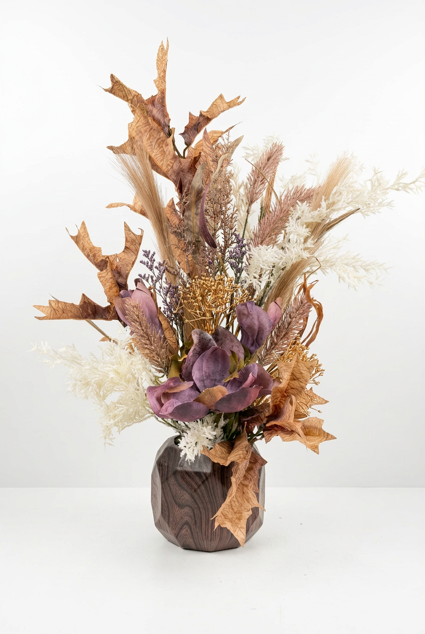 Fleurs séchées délicates dans un élégant vase géométrique en céramique.