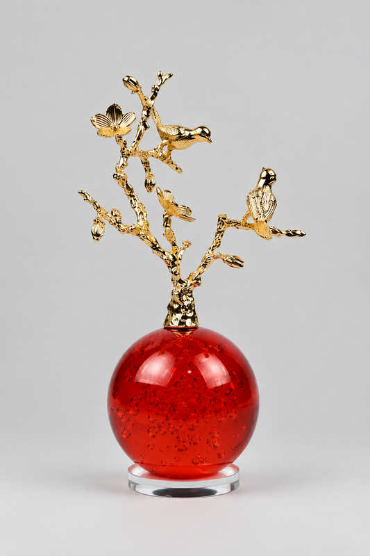 Sculpture arbre aux oiseaux en métal dorée luxe.