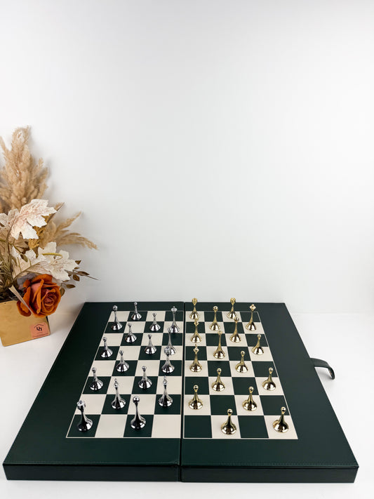 Échiquier de luxe moderne avec plateau pliable en cuir vert
