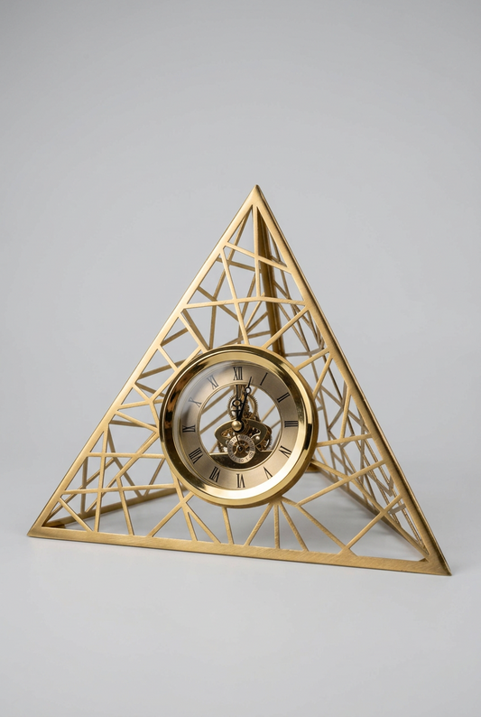 Horloge triangulaire au design géométrique épuré en métal doré
