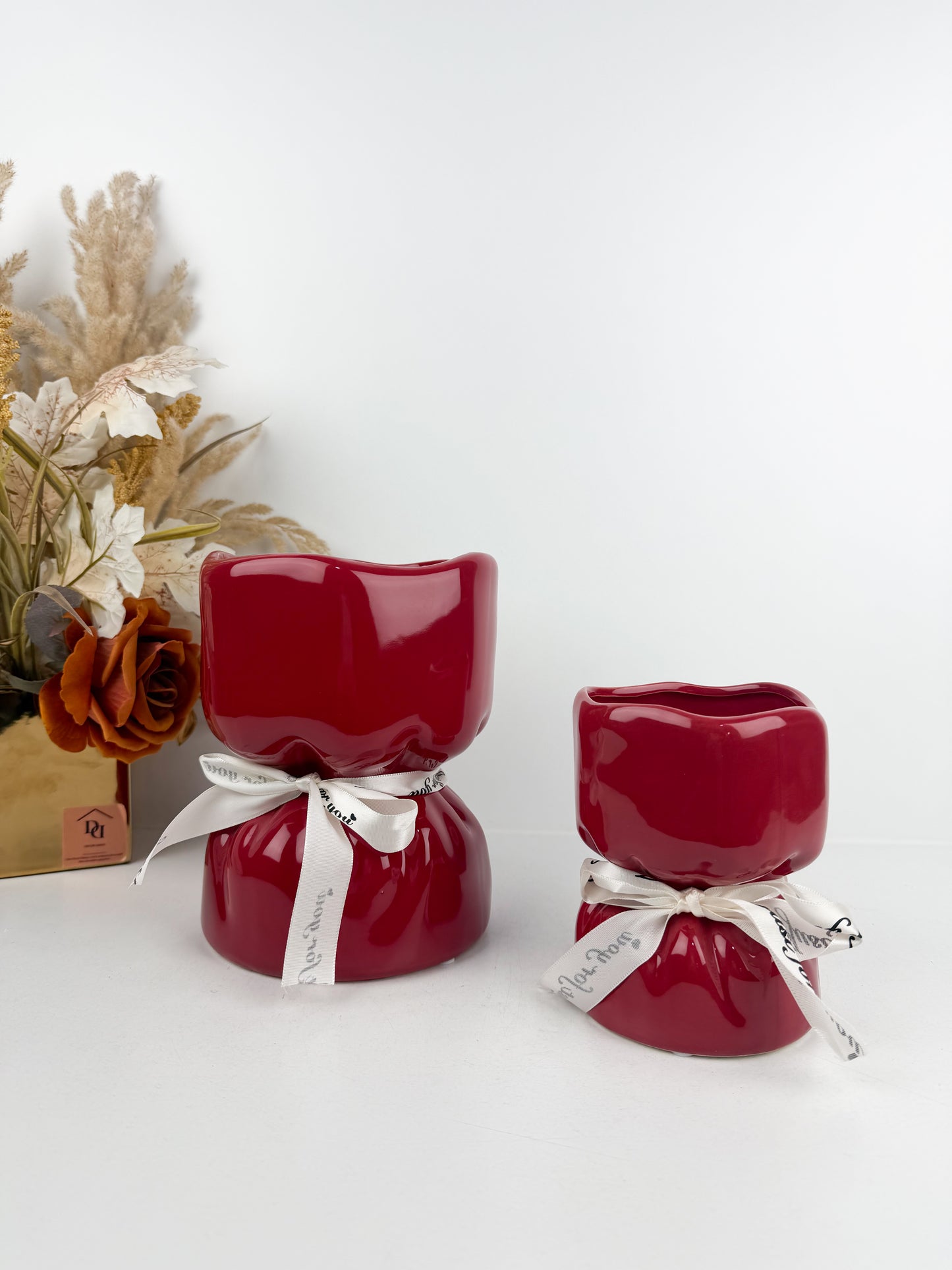 Duo vase décoratif en céramique rouge brillante éclatante