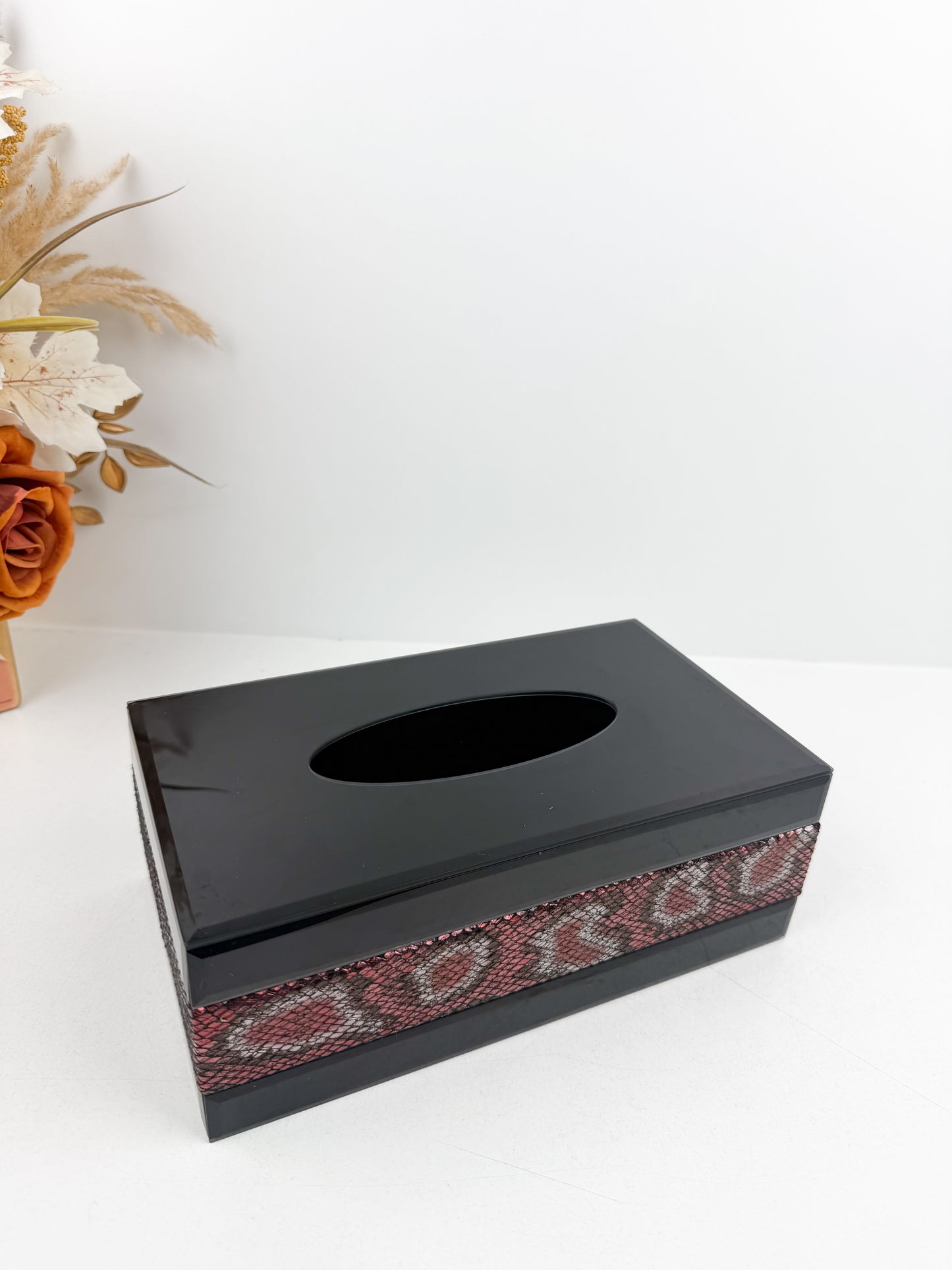 Boîte à mouchoirs miroir avec bandeau léopard rouge.