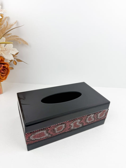 Boîte à mouchoirs miroir avec bandeau léopard rouge.