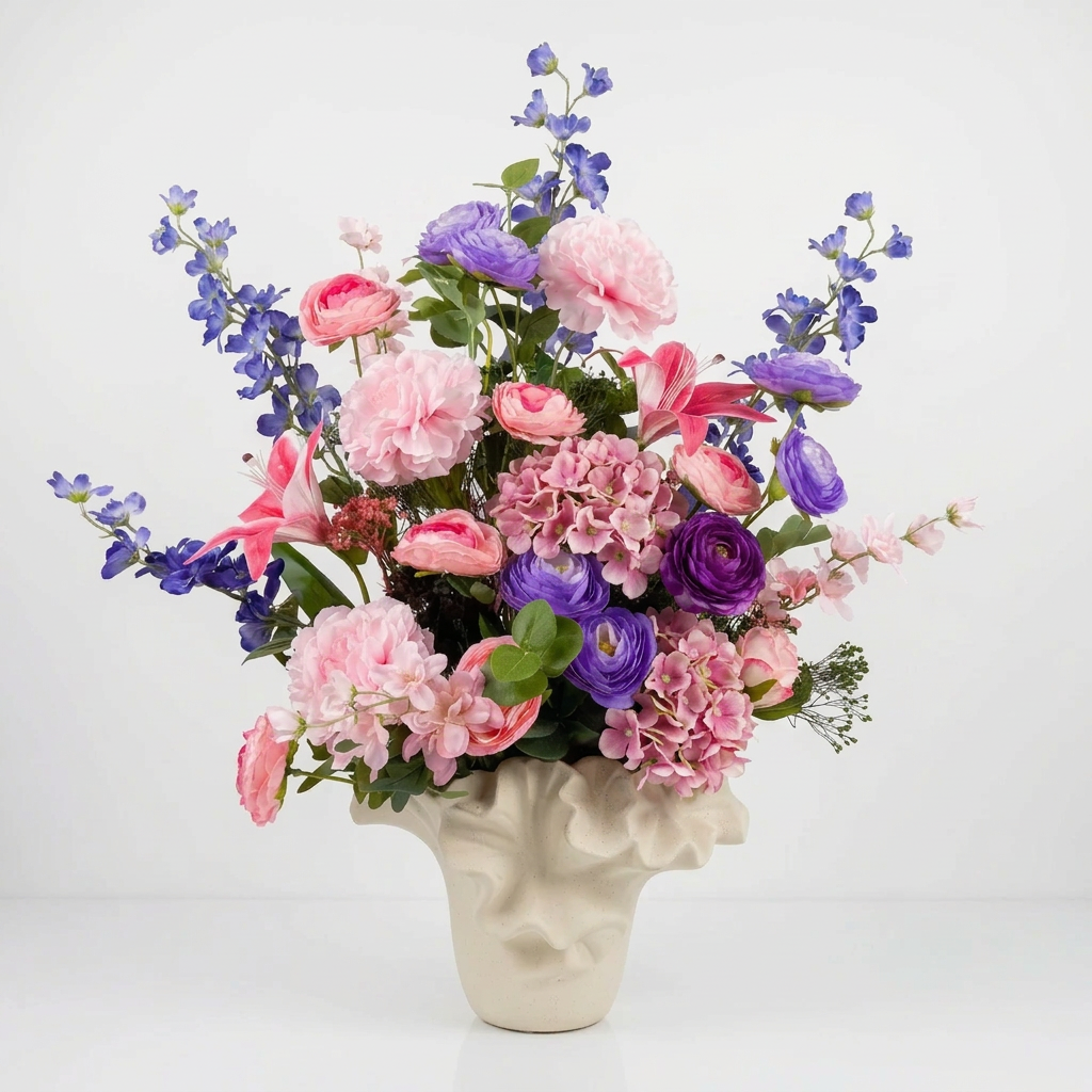 Fleurs artificielles présenté dans un original vase design sculpté en céramique à relief.