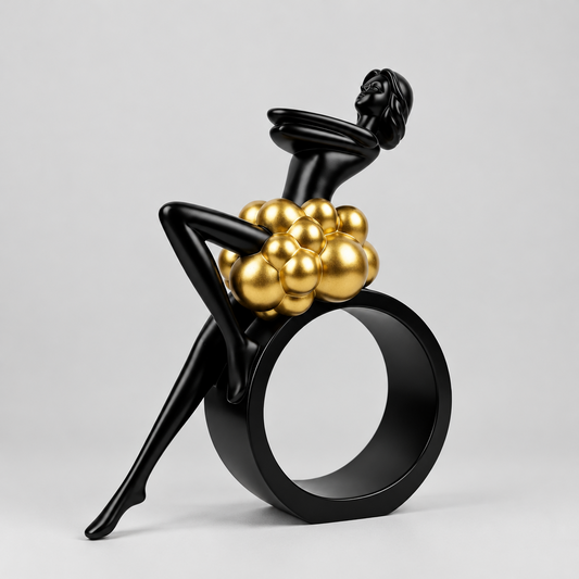Sculpture décorative en résine noire d'une féminine assise sur un cercle avec détails de sphères dorées.