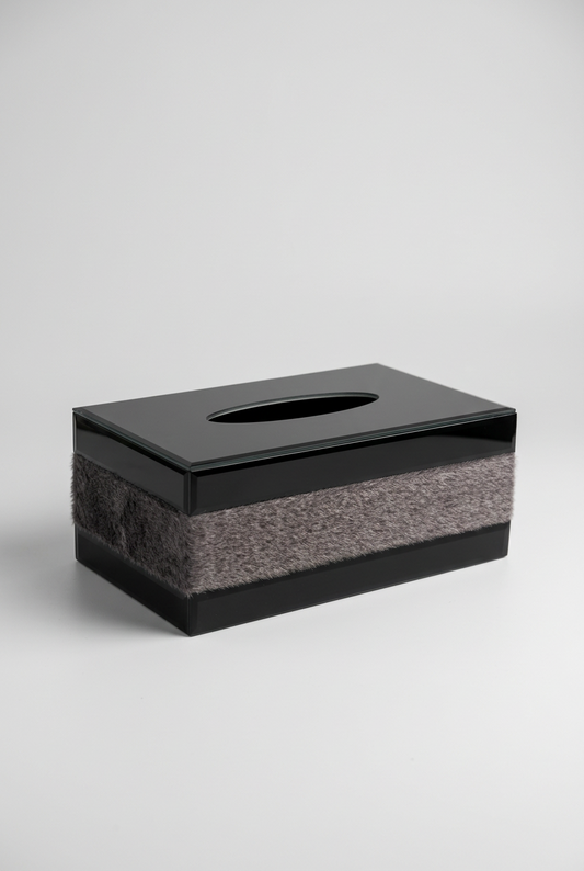 Boîte à mouchoirs moderne noir avec Bandeau en fourrure gris.