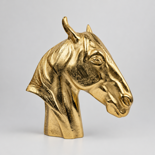 Sculpture décorative en métal doré brillant représentant une tête de cheval.