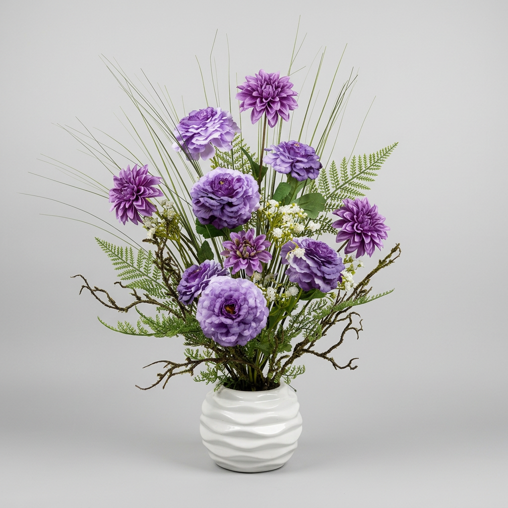Fleurs séchées violettes délicate dans un vase en céramique aux lignes épurées.