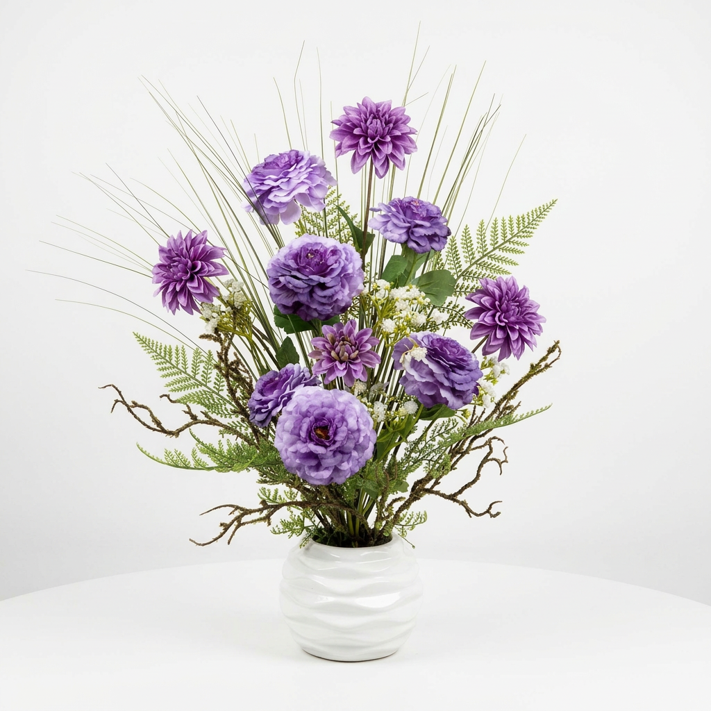 Fleurs séchées violettes délicate dans un vase en céramique aux lignes épurées.