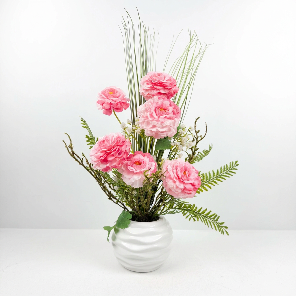 Fleurs roses raffinées présenté dans un magnifique vase en céramique blanche texturée.