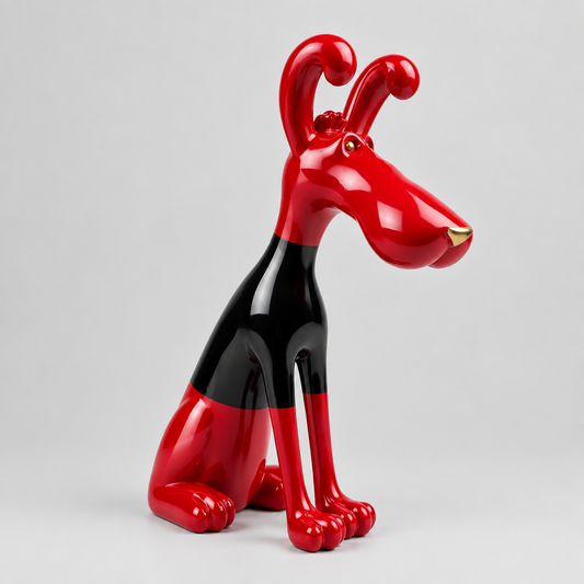 Statuette Décorative en résine de chien stylisé assis bicolore rouge et noir.