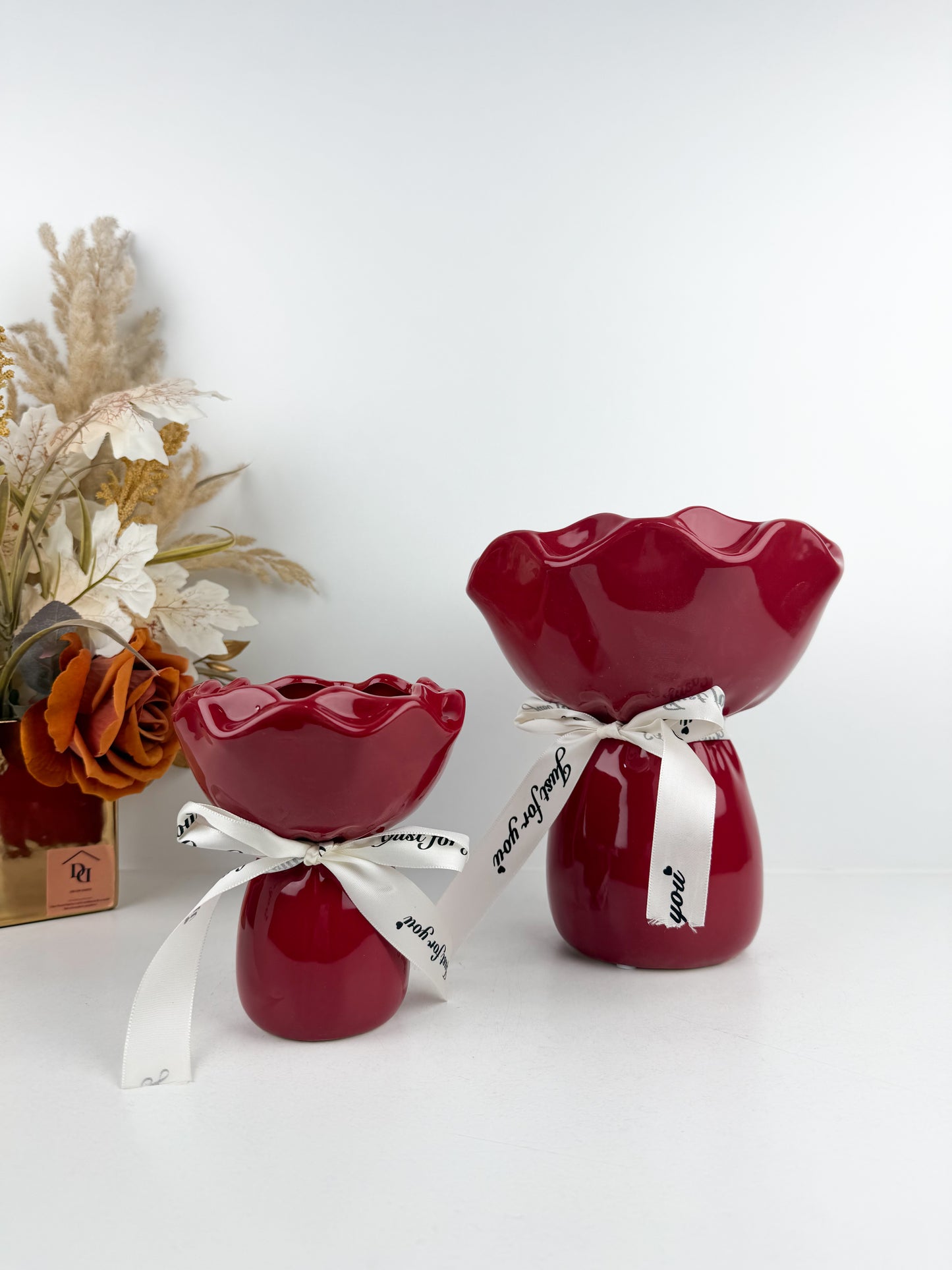 Duo Vases de table de style moderne et luxueux en forme de bouquet de roses lié par un ruban