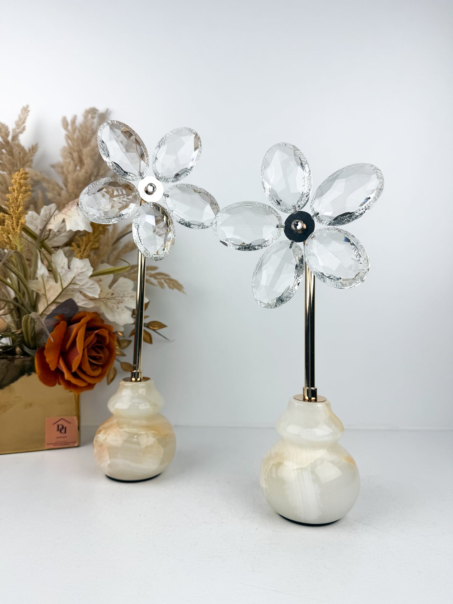 Ensemble de deux Fleurs décorative en cristal élégante avec une base marbré