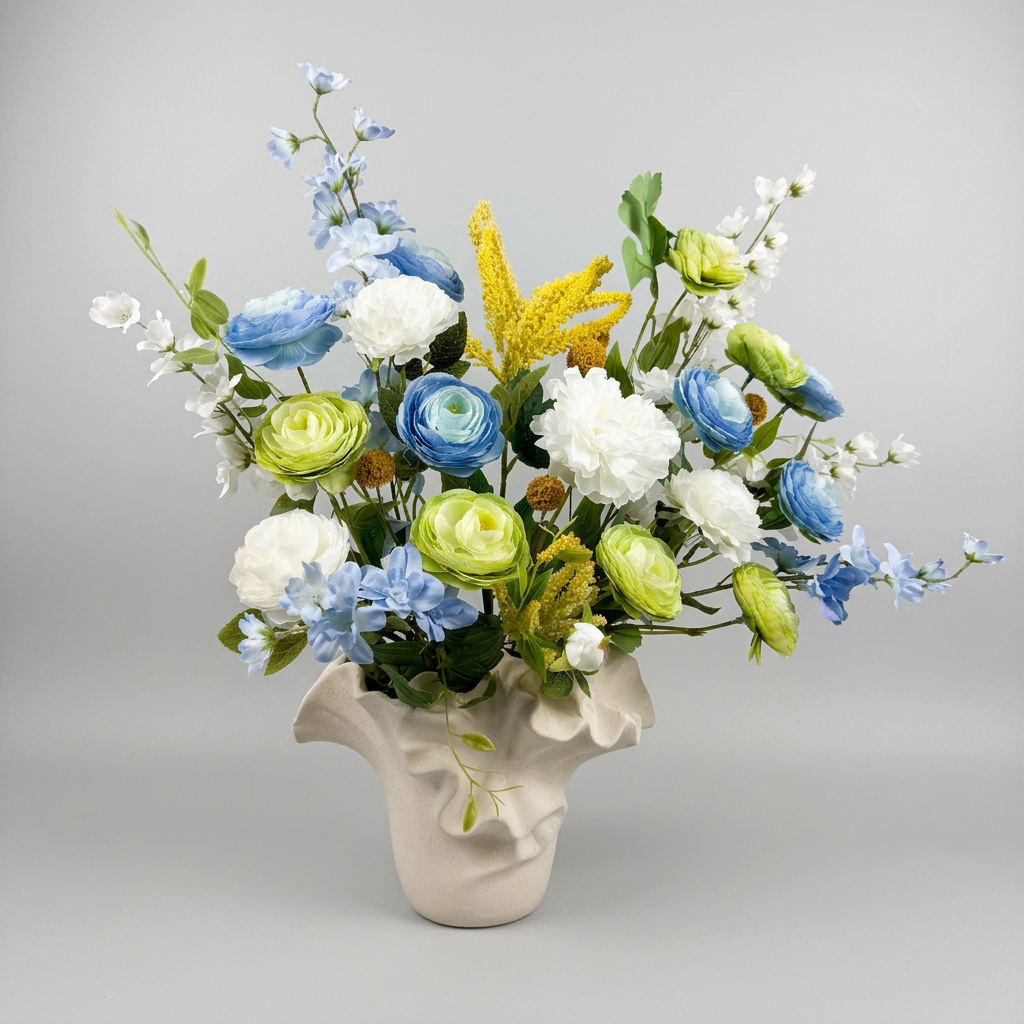 Fleurs artificielles dans un vase en céramique texturée au design original.