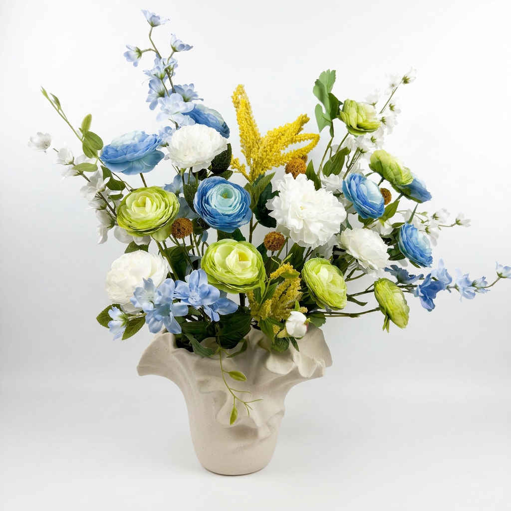 Fleurs artificielles dans un vase en céramique texturée au design original.