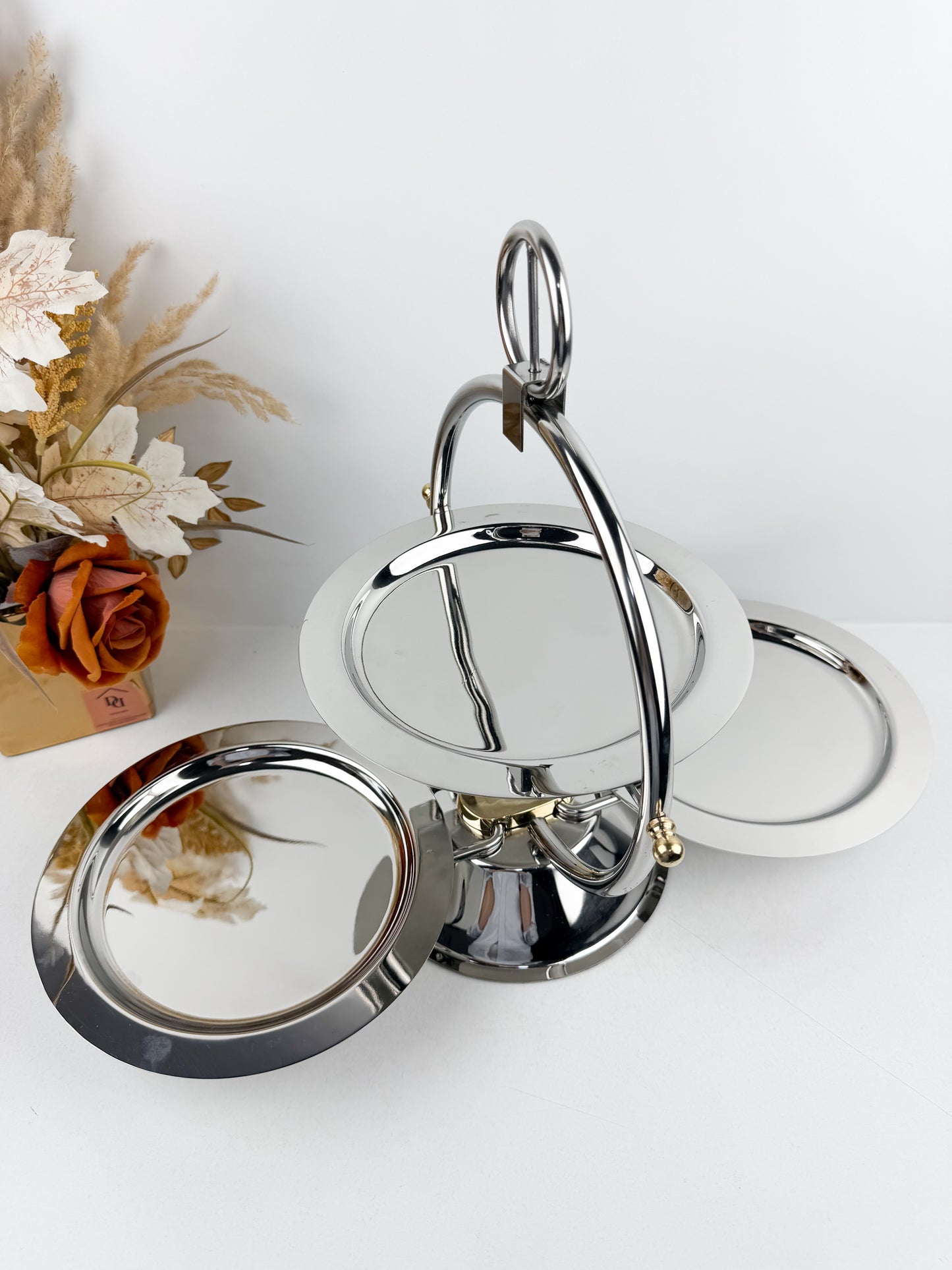 Présentoir à gâteaux pliable à trois étages , acier inoxydable poli miroir