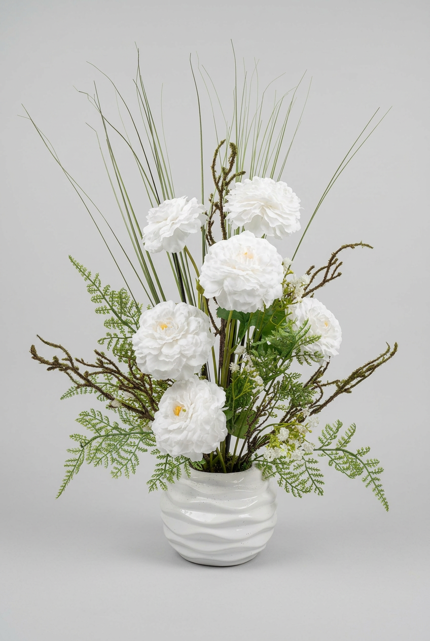 Fleurs blanches raffinées et des touches de verdure délicate dans un magnifique vase en céramique blanche.