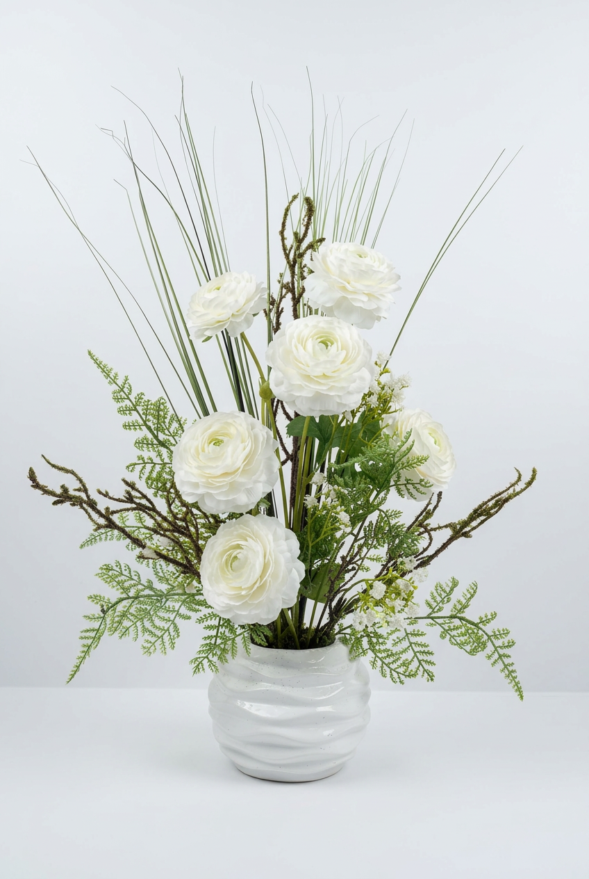 Fleurs blanches raffinées et des touches de verdure délicate dans un magnifique vase en céramique blanche.