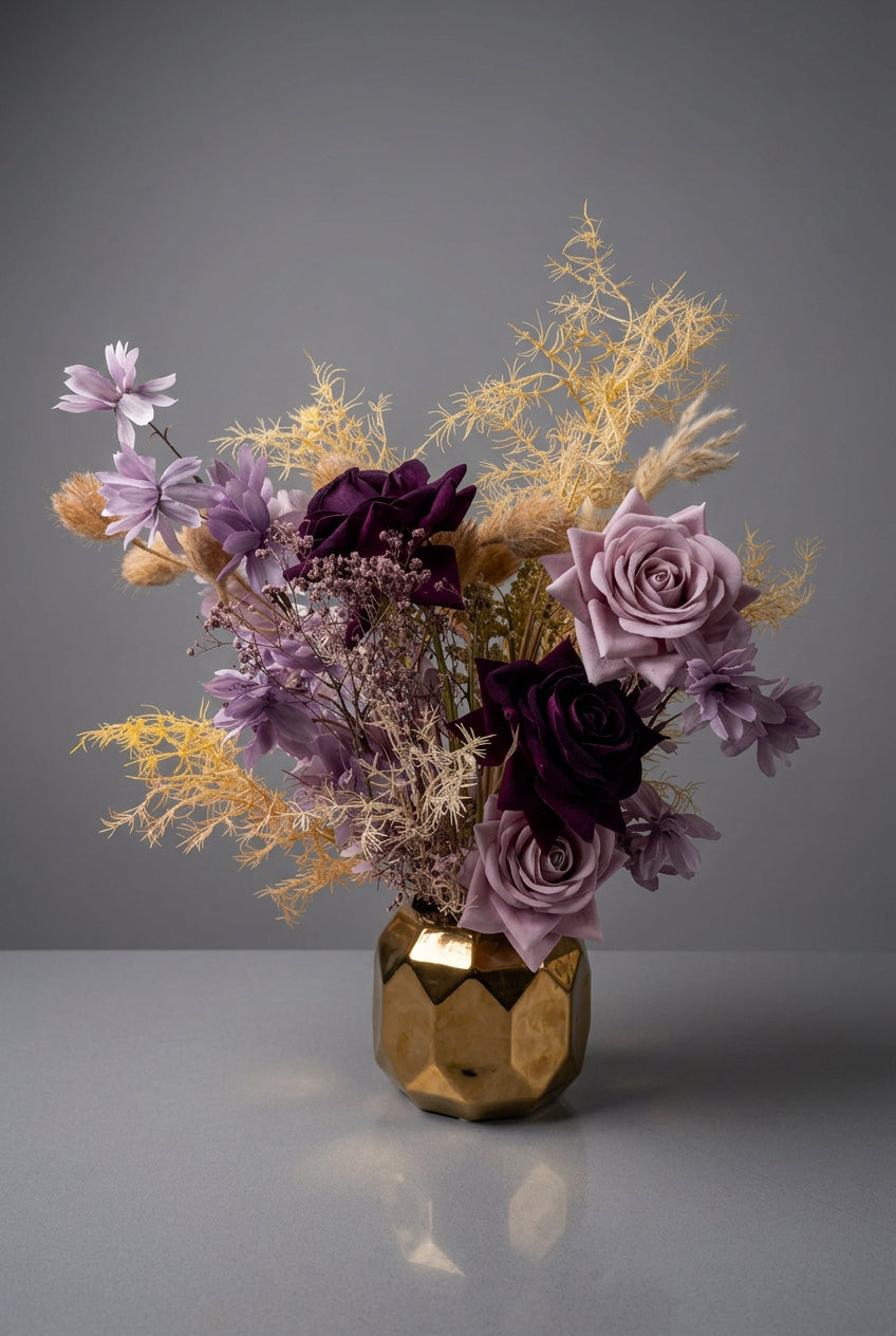 Fleurs séchées délicates dans un élégant vase géométrique en céramique dorée.