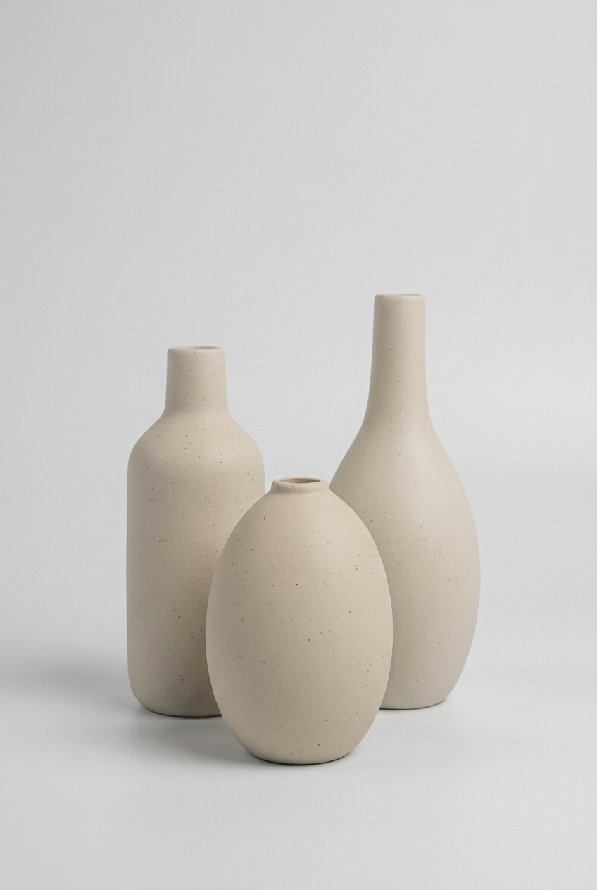 Ensemble de trois vases miniatures en céramique blanc pur.