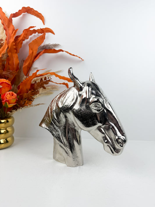 Sculpture de tête de cheval en métal argenté