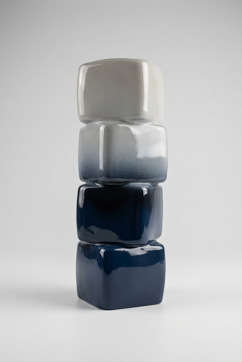 Vase décoratif géométrique au dégradé bleu et blanc.