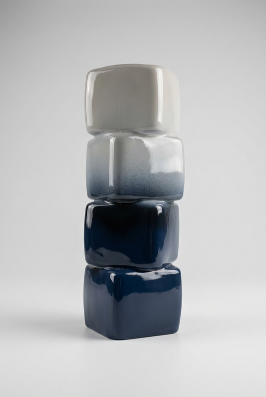 Vase décoratif géométrique au dégradé bleu et blanc.