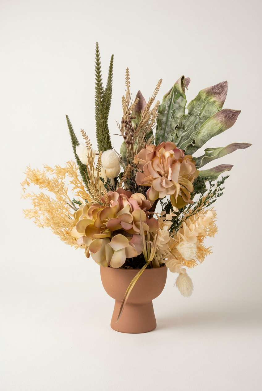 Fleurs séchées d'une élégance intemporelle d'un majestueux vase en céramique.