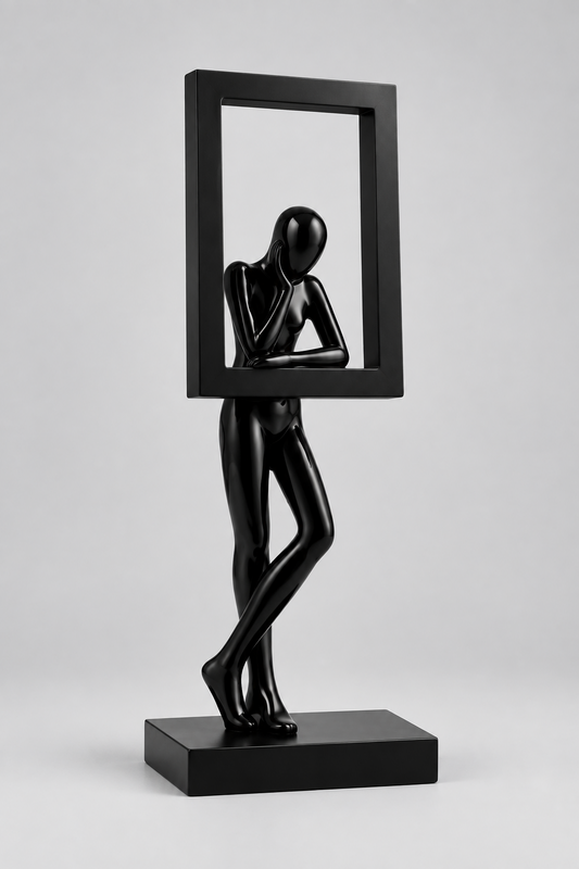 Sculpture décorative dans un cadre rectangulaire géométrique en résine.