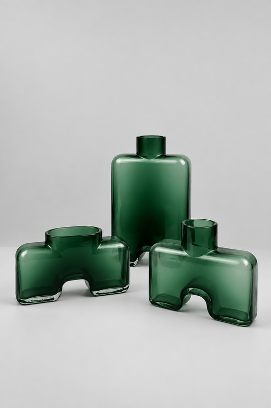 Trio de vases sculpturales géométriques et équilibrées moderne.