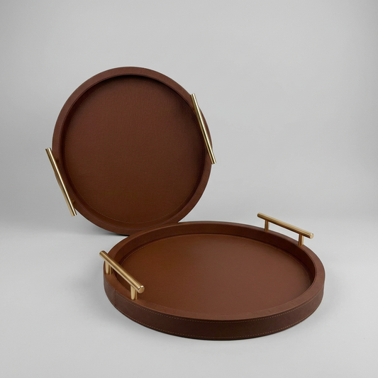 Ensemble de plateaux ronds avec poignées en cuir texturé marron