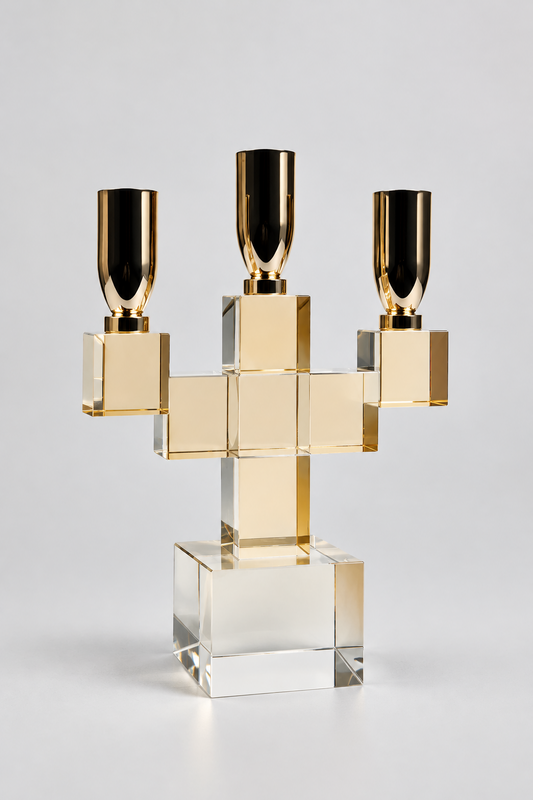 Bougeoir multibranche en métal doré et cristal géométrique.