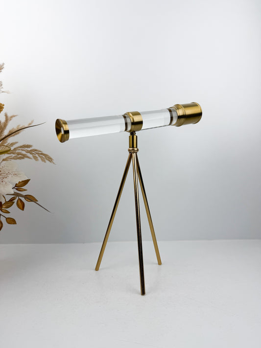 Grand Télescope décoratif sur trépied en métal doré