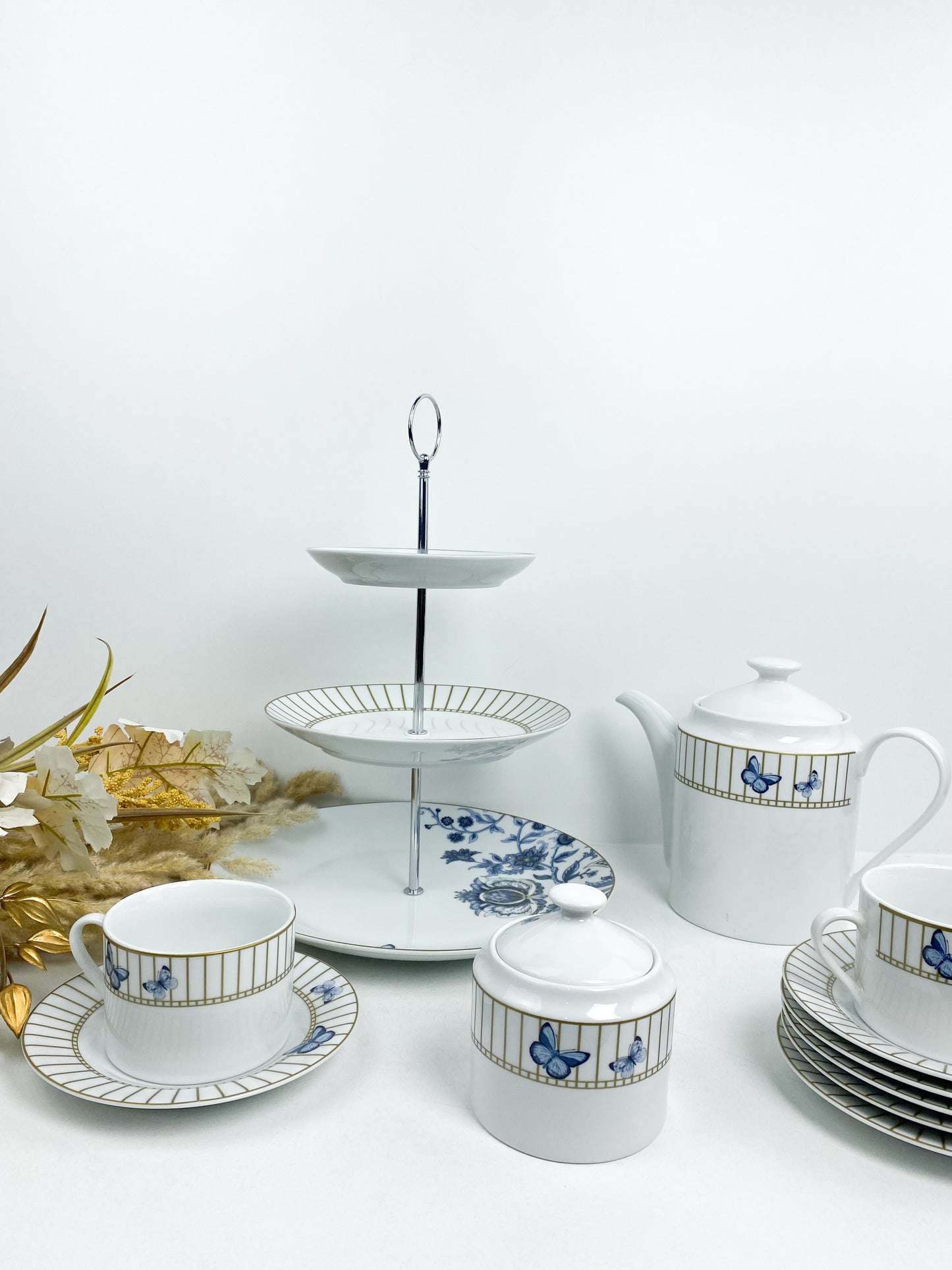 Service à thé en porcelaine décoré de motifs de papillons et d'une cage à oiseaux