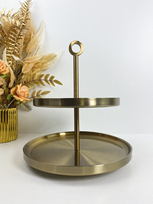 Présentoir à gâteaux en métal deux niveaux- or bronze