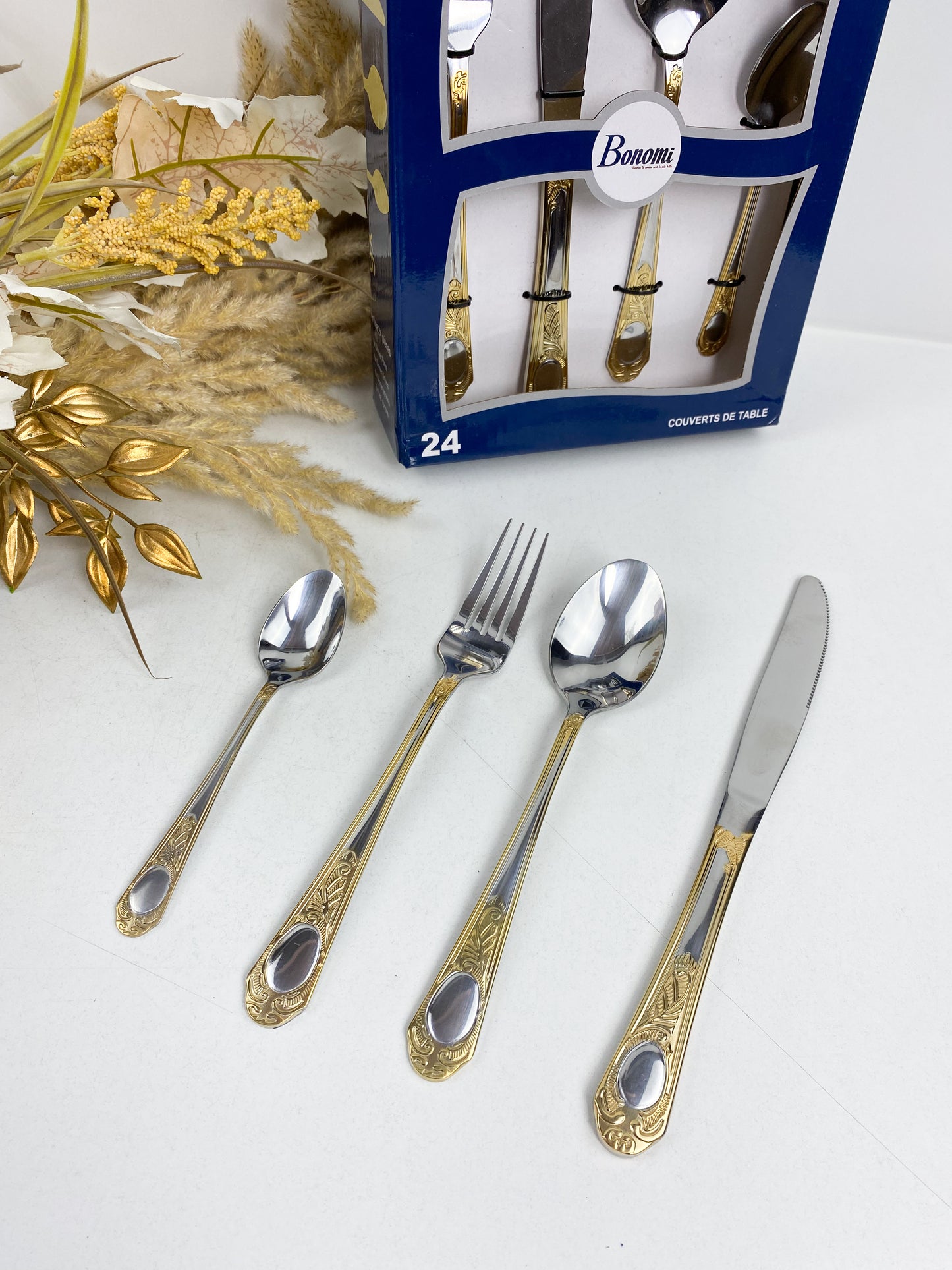 Ensemble de Couverts 24 Pcs en Acier Inoxydable-Argenté Doré